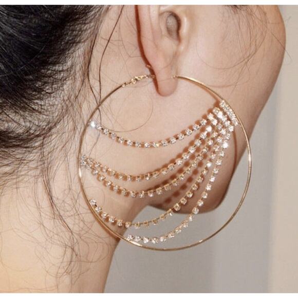 Los Angeles Boutique Large Hoop Circle Gold Earrings Rhinestone Crystal NEW - Picture 1 of 6